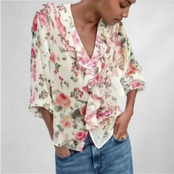 Zara Small Womens Blouse  Floral Ruffle V-Neck Long Sleeve Multicolor - Picture 1 of 8